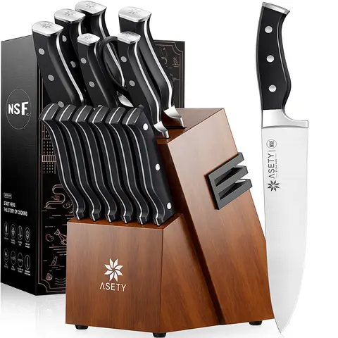 ASETY 15-Piece NSF German 58 Steel Kitchen Knife Block Set with Built-in Sharpener, Full Tang Professional Cutting Knives, Wooden Handle ABS Holder, Storage Utensils, Gift Box for Wife, Girlfriend | Kitchenware