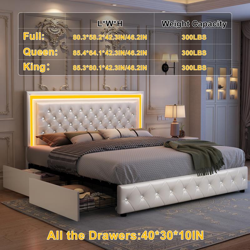 GEGOFORU Queen LED Storage Bed Frame with RGB Headboard, Music Sync & APP Control, 4 Drawers, PU Upholstered, Noise-Free, No Box Spring Needed, White