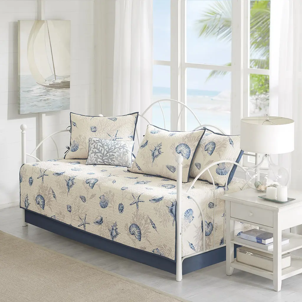 6-Piece Quilted Microfiber Daybed Cover Set - Reversible Printed Coastal Seashell Bedding, Machine Washable Bedspread for Bedding Linens, Coastal Theme Bedding Set, Machine Washable Bedding Set
