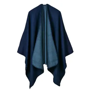 Autumn Winter Solid Color Imitation Cashmere Large Fork Shawl Warm Monochrome Cloak  Ponchos Capes Navy