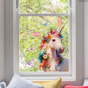 Colorful Unicorn Window Stickers, Butterfly Floral Flower Design, Static Adhesive Glass Decorations, Home Decoration, Art Stickers, Decorative Stickers, Decoration Items E20931-Kr