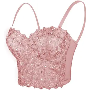 Women’s Reigning Lace Rhinestone Bustier Crop Top – Sexy Mesh Corset-Style Bra