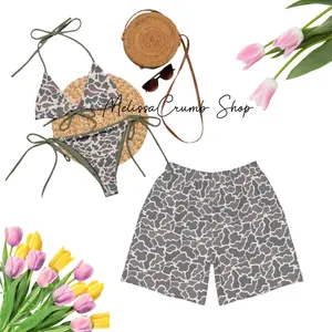 Matching Deer Camo Swimsuits for Couples - Swim Bra & Tie Side Thong Bikini + Men's Beach Shorts, Summer Vacation Swimsuit, Hawaiian Short Style, Aloha Beach Outfit, Couples Swim Suits