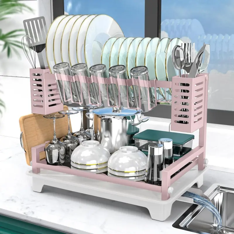 Dish Drying Rack, 2 Tier Dish Racks for Kitchen Counter, Large Dish Drying Rack with Drainboard & Utensil Holders Rust-Proof Dish Drainers Kitchen Organization