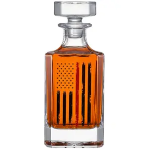 Firefighter Tactical Red Tattered American Flag Whiskey Decanter Gift Set | 730mL Decanter 2 Whiskey Glass | First Responder Gift for Fire Fighter, Red Rights, 2nd Amendment Gifts, FD Men, Dad, Him