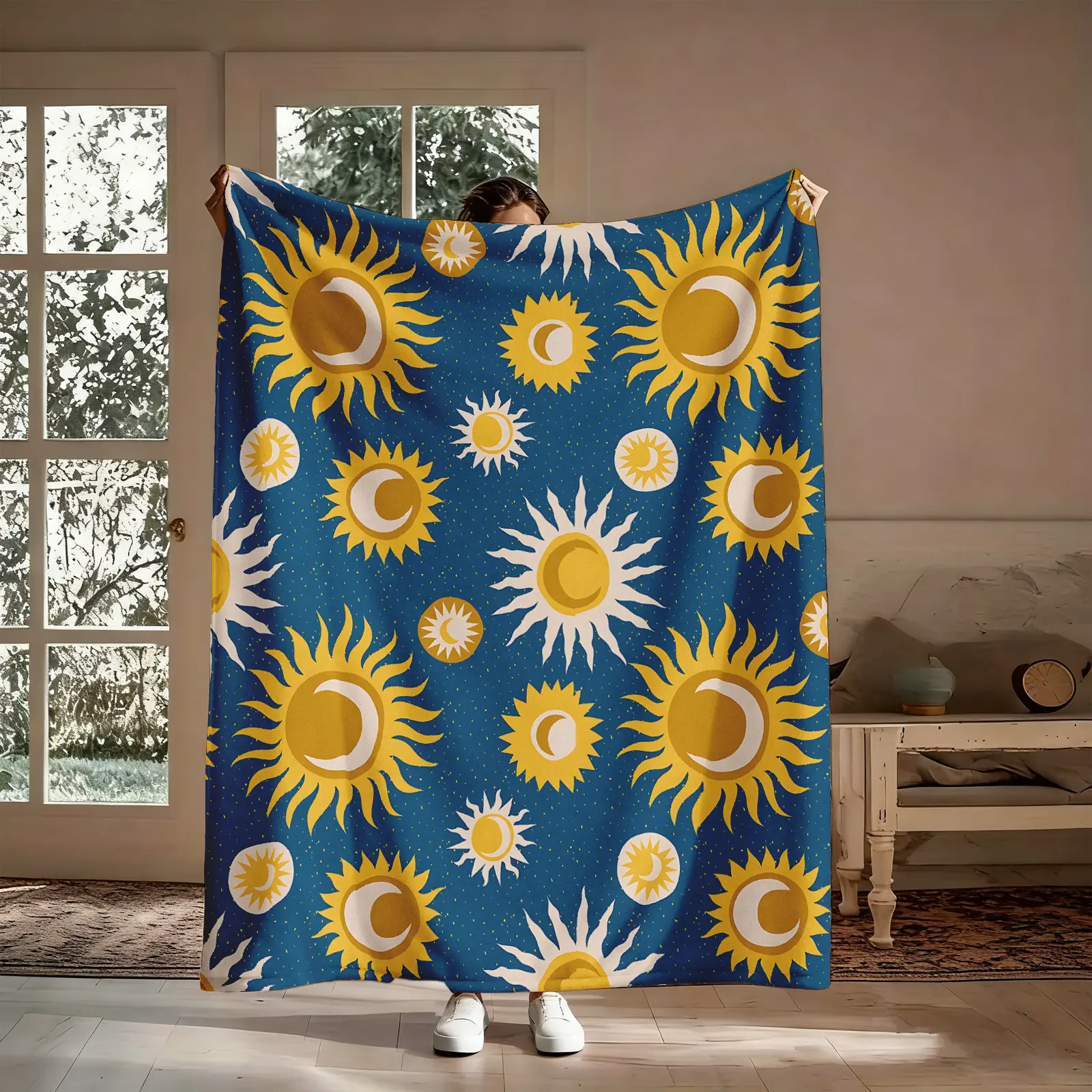 Sun Moon Totem Flannel Throw Blanket - Teal Folk Art Sunface Crescent Stars Art Graphic, Soft Cozy Warm Bohemian Style, All Season Celestial Boho Blanket, for Couch Bed, Boho Lovers Gift, Boho Blankets, All Season Blankets