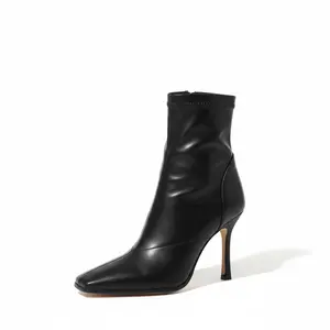 VIMISAOI Womens Ankle Boots Square Toe Stiletto Heel Side Zipper Pull On Trendy Comfortable Casual Party Wedding Office Ankle Boots