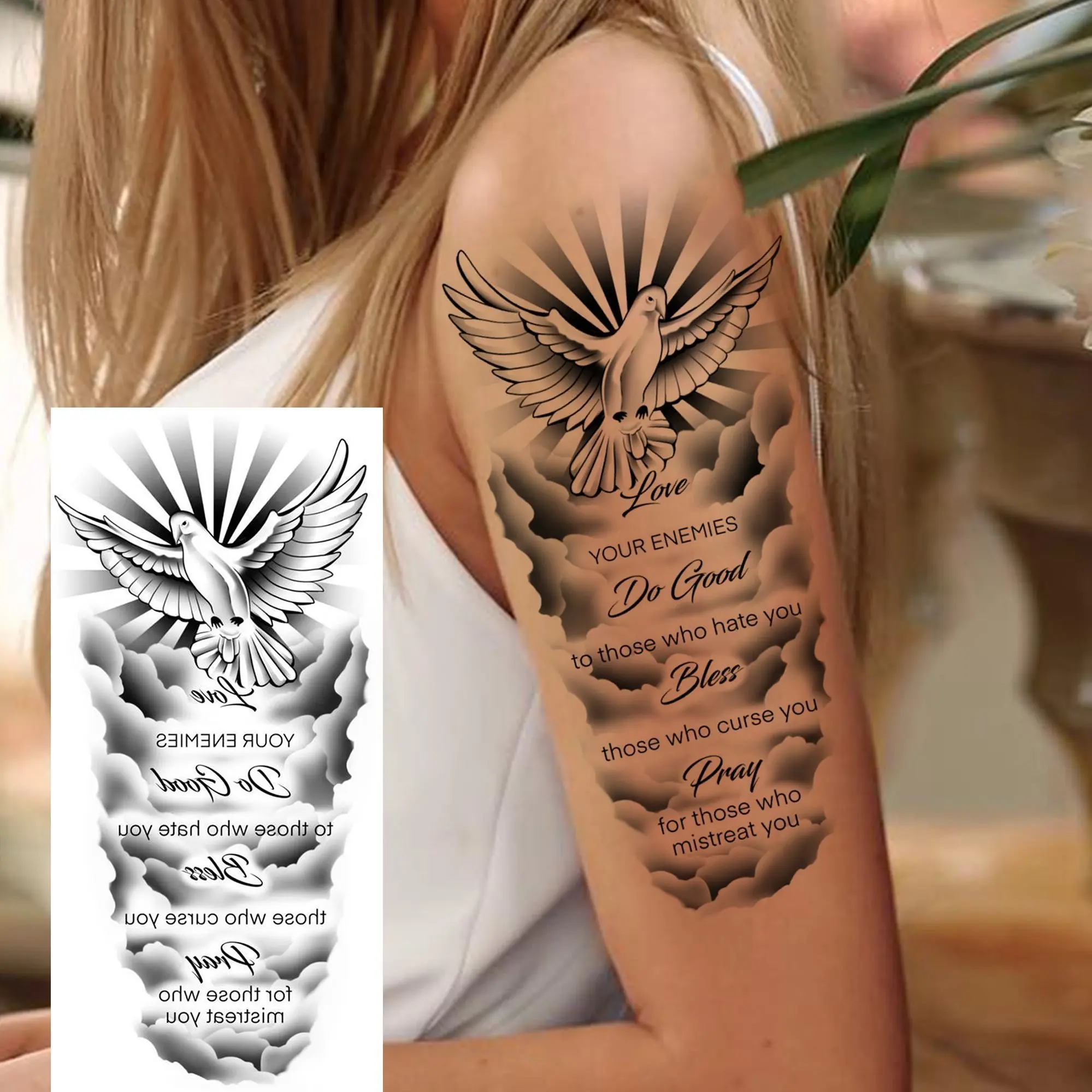 Faith Dove of Peace 6-in-1 Temporary Tattoos (6 Pieces, 3 Fixed, 3 Random Designs) - Realistic Art, Waterproof, Long-Lasting Body Stickers with Inspirational Quotes, Dove & Cloud for Arm/Leg - Adult Motivational Decor, One Size, Normal Single Item