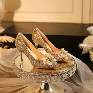 Elegant Women'S Wedding High Heels - Glittery Golden Pointed Toe Pumps with Crystal Embellishments, Kitten Heel, Microfiber Upper & PU Insole for Formal Events, Wedding Shoe Footwear Girl