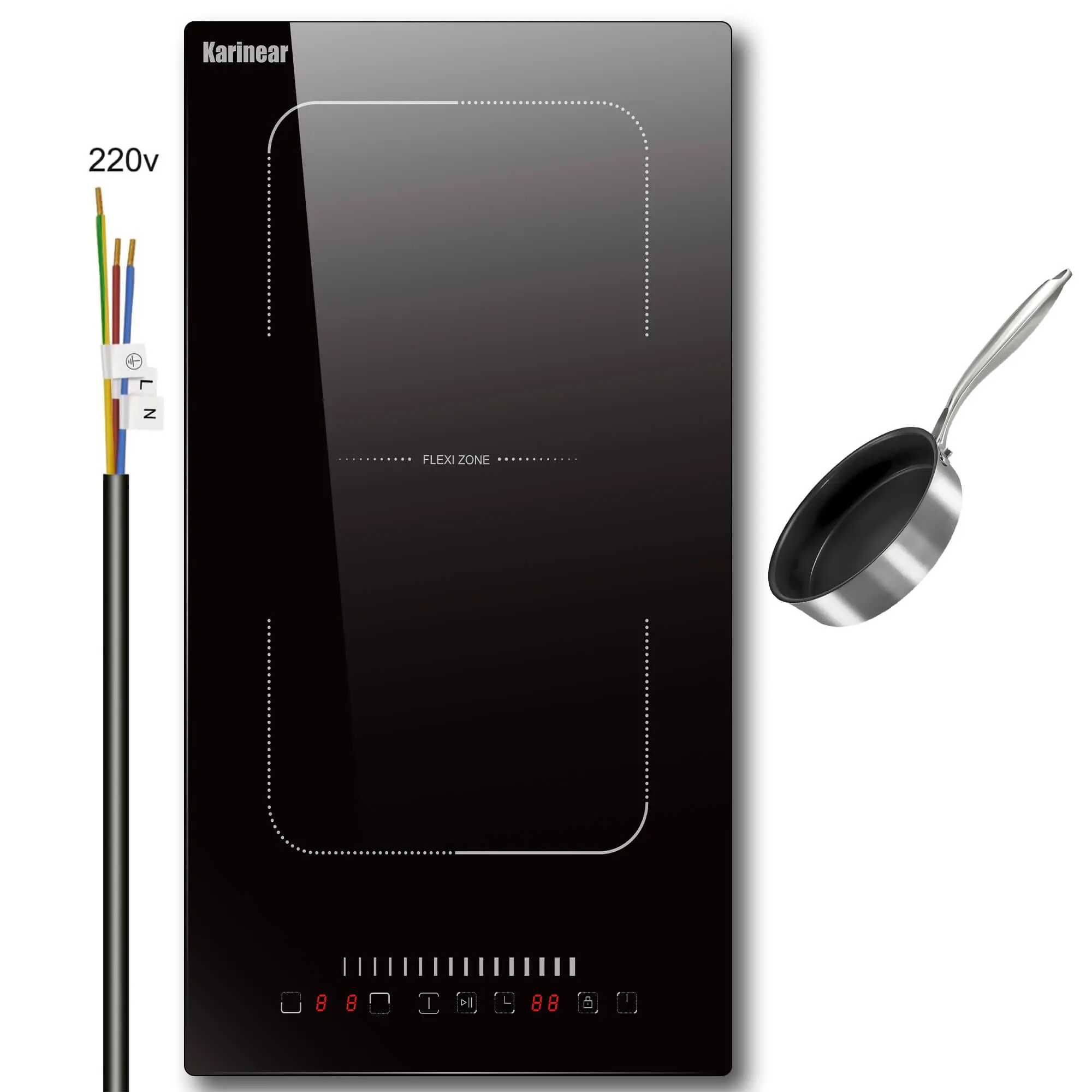 Karinear 3500W Multi-Function Induction Cooker - Hardwired Induction Stove, Flex Zone, Cast Iron Pot, Child Safety Lock, Black Glass Surface, Glass Scraper for Household Kitchen Supplies
