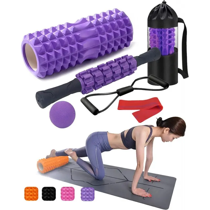 6-Piece Yoga Massage Roller Set – Foam Roller, Body Stick, Massage Balls, Resistance Bands & Storage Bag for Deep Tissue Massage & Back Pain Relief, Home Fitness Equipment, Home Exercise Equipment, Home Workout Equipment, Fitness Tool, Fitness Gear