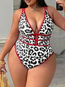 Plus Size Women's Leopard Print Deep V-Neck Backless One-Piece Swimsuit High Waist Bikini for Beach & Holiday Multicolor Elegant Style