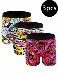 3-Pack men's underwear, boxer underwear fitted long print design men's shorts, suitable for all seasons, quick drying, breathable, high elasticity daily sports, sweat wicking, quick drying men's sports underwear