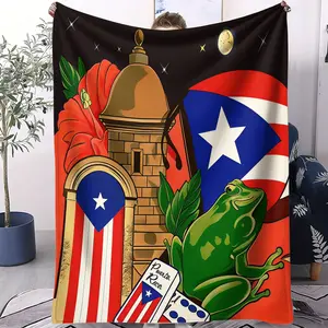 Puerto Rican architectural design printed blanket, featuring digital prints of green frogs and national flag patterns, perfect gift for teenagers and adults traveling, vacationing, and multifunctional blankets