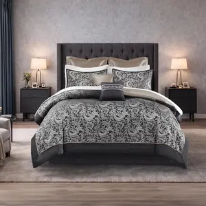 Luxury Jacquard Comforter Set 8-  Size Bedding Set, Elegant Damask Design with Bed Skirt & Decorative Pillows,   Comfort, Black