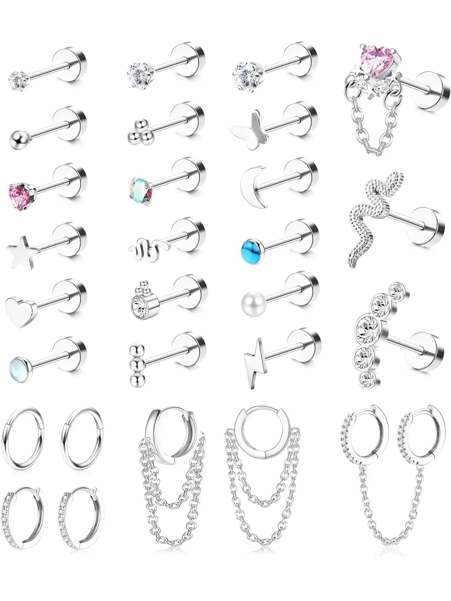 Cute 28 Pcs Silvery Cartilage Stud Earrings for Women Men Durable Stainless Steel Copper with Smooth Polished Finish Practical Flatback Studs Stylish Dangle Chain Designs Trendy Huggie Hoop Earrings Conch Helix Tragus Multiple Piercing Positions