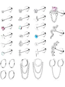 Cute 28 Pcs Silvery Cartilage Stud Earrings for Women Men Durable Stainless Steel Copper with Smooth Polished Finish Practical Flatback Studs Stylish Dangle Chain Designs Trendy Huggie Hoop Earrings Conch Helix Tragus Multiple Piercing Positions