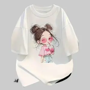 100% Cartoon Cute Printed Short Sleeve Round Neck T-Shirt, Summer New, Loose Fit, for Women