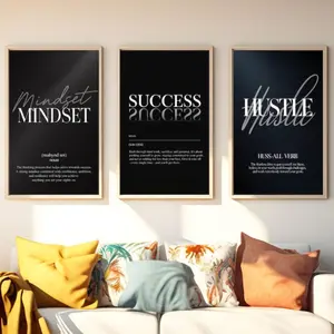 3 Count/Set 3 Poster Piece Motivational Wall Art, Set of 3 Mindset Success Hustle Black Minimalist Poster Modern Office Decor Inspirational