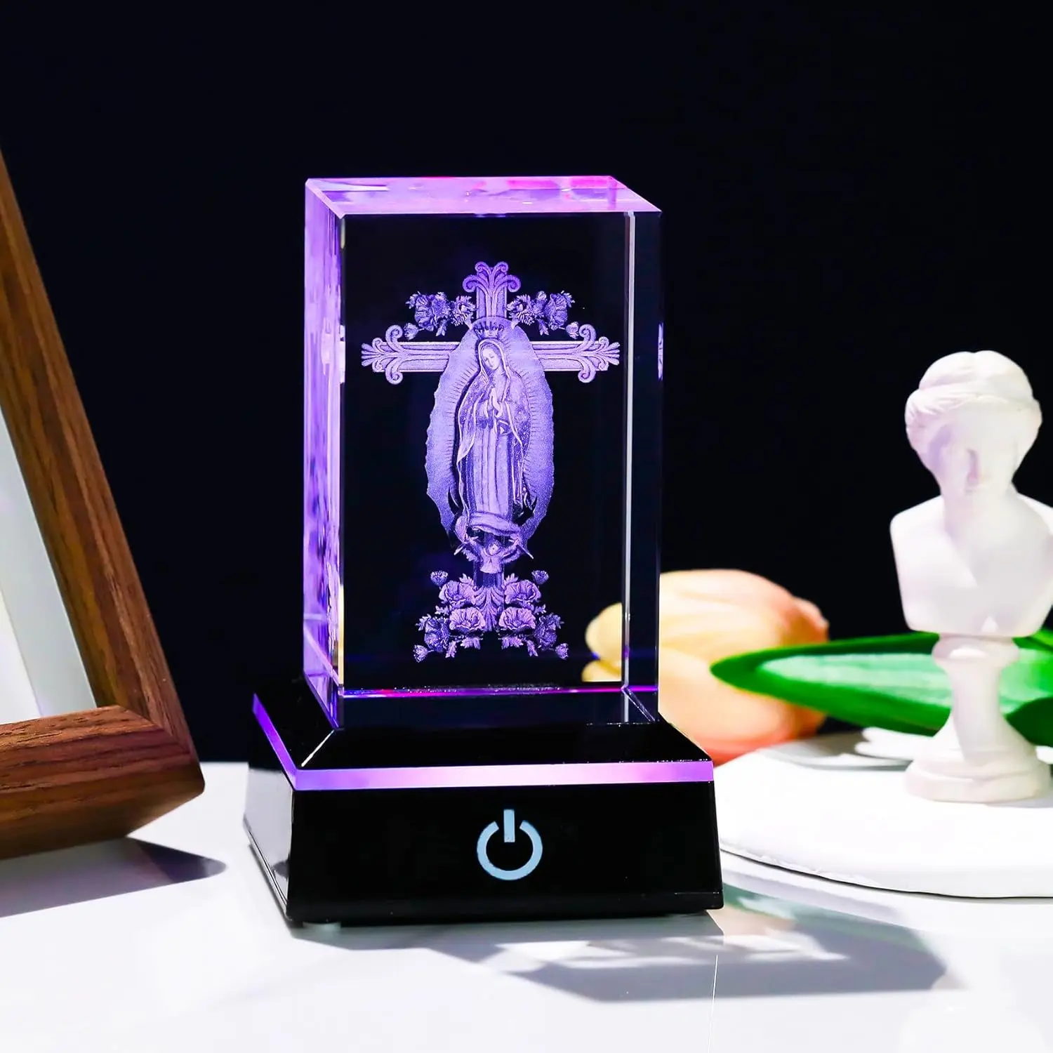 3D Crystal Virgen De Guadalupe Statues with Cross, Our Lady of Guadalupe Figurine with Colorful Base Laser Engraved Christian Religious Gifts for Women Friends Family, Virgin Mary Home Decor
