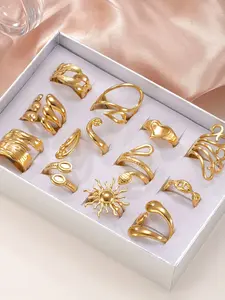 12 Piece Stainless Steel Gold Plated Ring Set, Elegant Random Print, Unisex Daily Wear, Holiday, Engagement, Wedding Gift, Elegant Fashion Rings, Stacking Ring Set