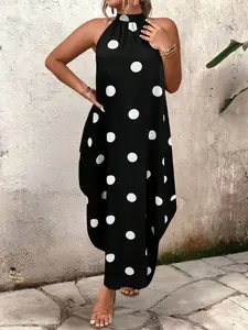 Women's Plus Size Maxi Dress Polka Dot Halter Neck Zipper Sleeveless Draped Baggy Flowy Casual Loose Dress Casual Summer Vacation Boho Bohemian Beach Outfits Trendy Bohemian Style