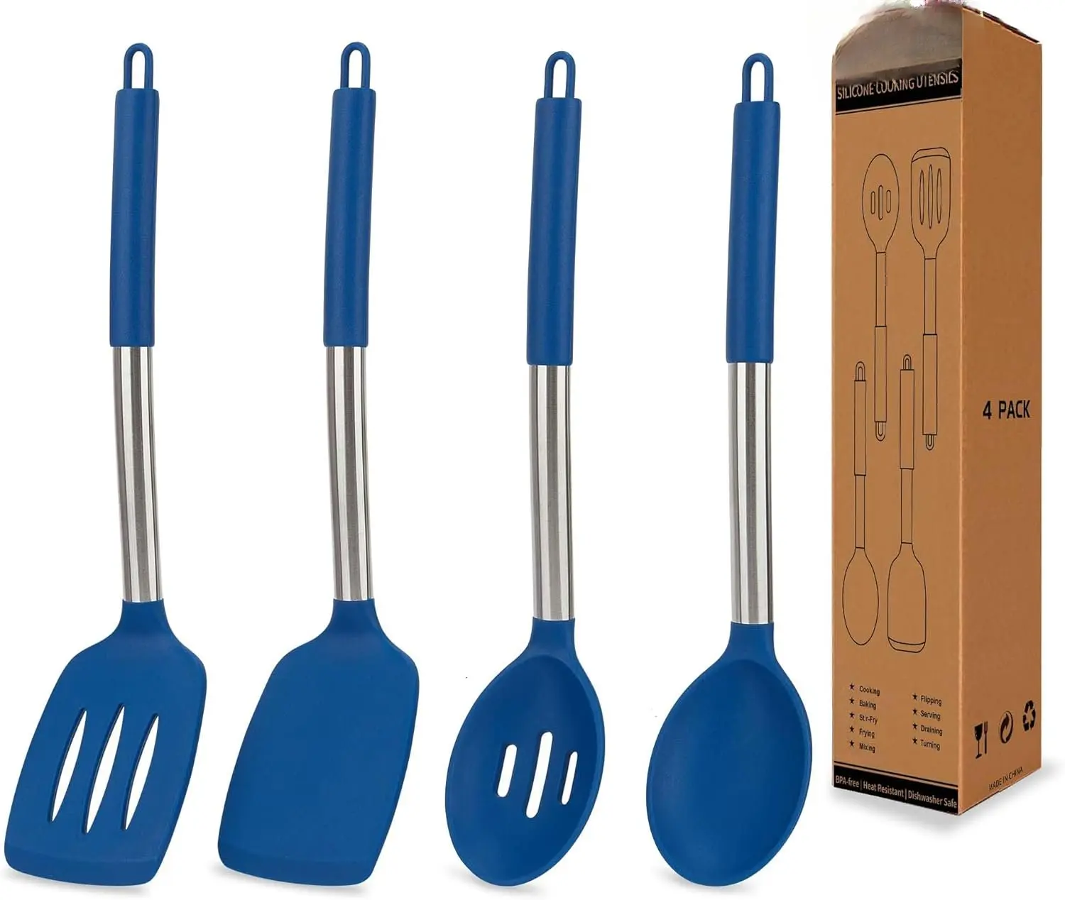4 Pack  Utensils SetNon Stick Solid Spatulas, Slotted Spoons with Stainless Steel HandleSpatulas for CookingFrying, Mixing, Serving -Blue
