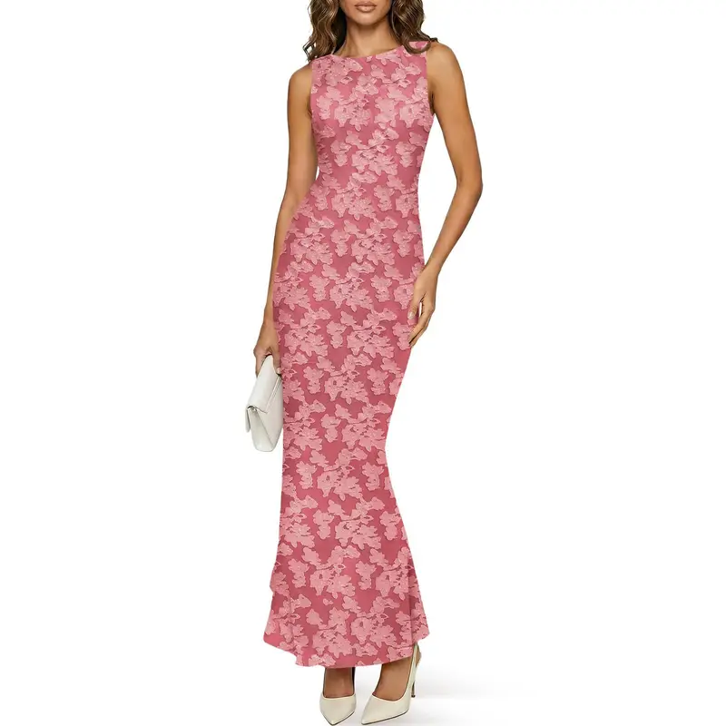 Wenrine Women's Summer Knitting Boat Neck Sleeveless Polyester Long Bodycon Maxi Dress - Smooth Soft Breathable Floral Mesh Fabric, Back Zip, Slit, Formal Wedding Guest Dress