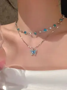 1pcs Blue Butterfly Pendants + Handmade Chain Necklace Set, Unique Layered Butterfly Necklace Additions for Trendy Women, Elegant Necklace, Choker Collar Chain, Layered Necklaces