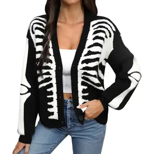 Women's Halloween Spooky Cropped Cardigan Long Sleeve Button Down Skeleton Knit Sweater