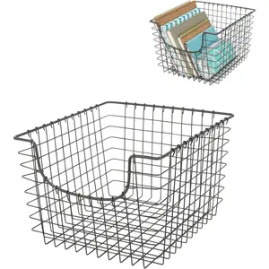 Wire Scoop Basket Storage Bin Industrial Gray Medium Metal Wire Basket Organizer for Kitchen Pantry Wire Storage Bins, Heavy Duty Rectangle Wire Storage for Kitchen Organization