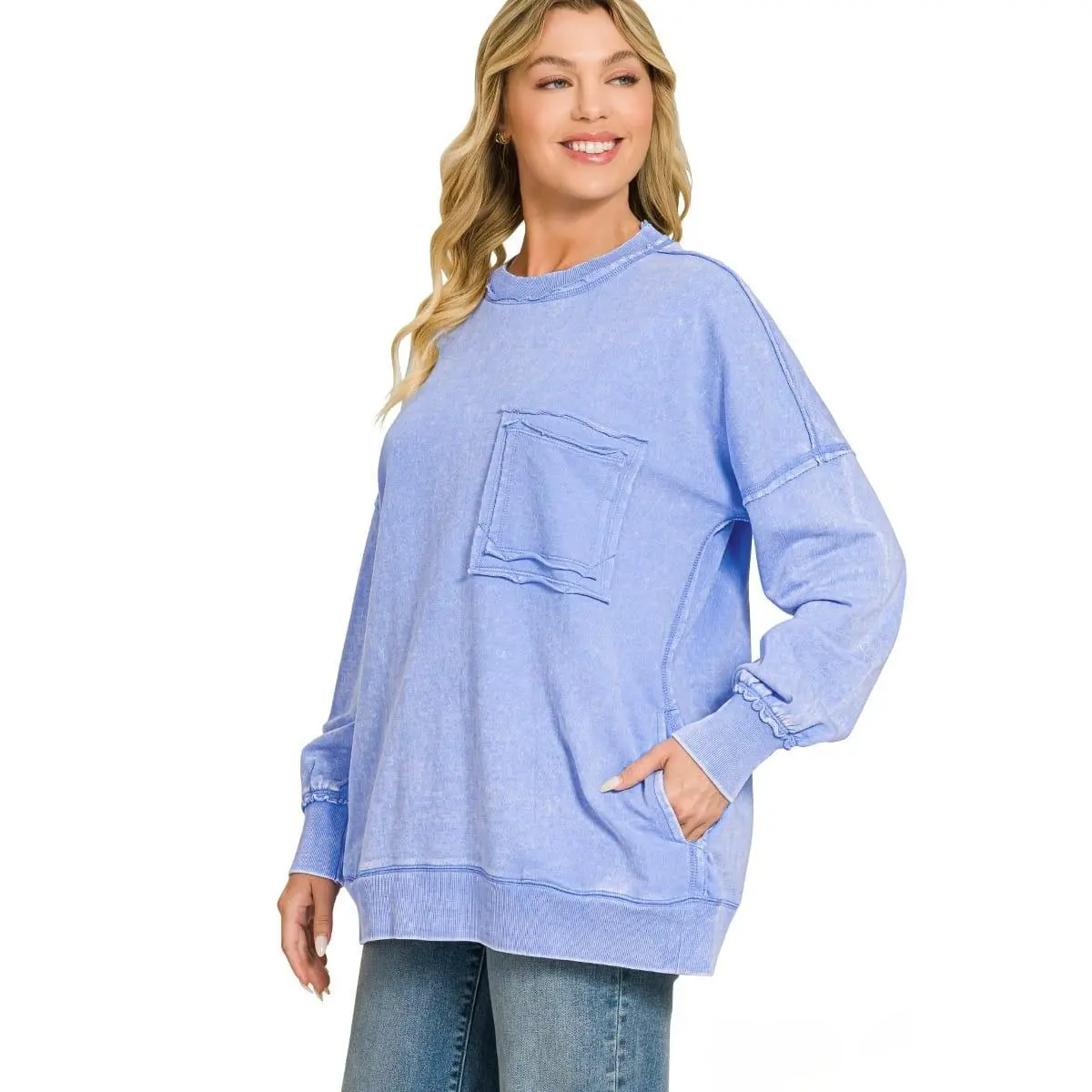 Zenana Front Pocket Acid Washed Raw Edge French Terry Pullover, Hoodie, Tops, Style, Fabric, Casual