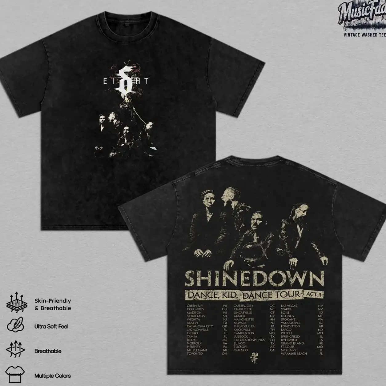Shinedown Vintage Washed Tee, Dance Kid Dance Tour 2026 Shirt, Shinedown Band Concert Graphic T-Shirt, Alternative Rock Post Grunge Music Merch, Heavyweight Cotton Oversized Unisex Streetwear Tee, Gift for Rock Fans 0W3