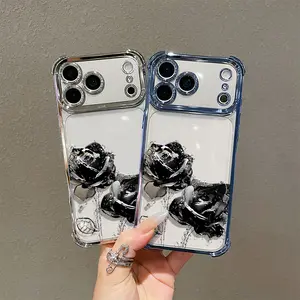 Transparent TPU Cellphone Case with Black Rose Design, Electroplated 4-Corner Safety Airbag, Shockproof Protection Cover for iPhone 11/12/13/14/15/16/17 Pro Max Mobile Accessories