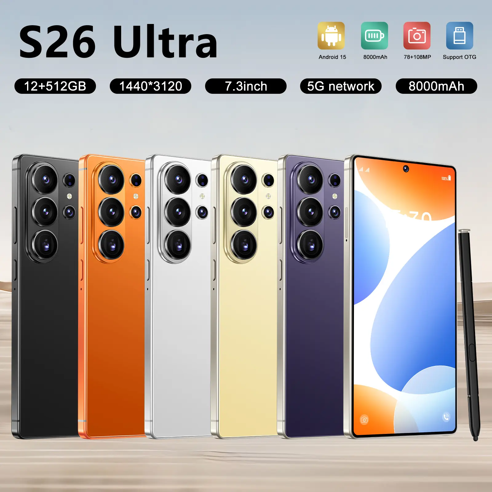 2026 New S26 Ultra 5G Unlocked Phone, Android 15, 12GB RAM + 512GB ROM, 6.99" HD Screen, 78MP+108MP Camera, 8000mAh Battery, Dual SIM, Stylus, Full Accessories