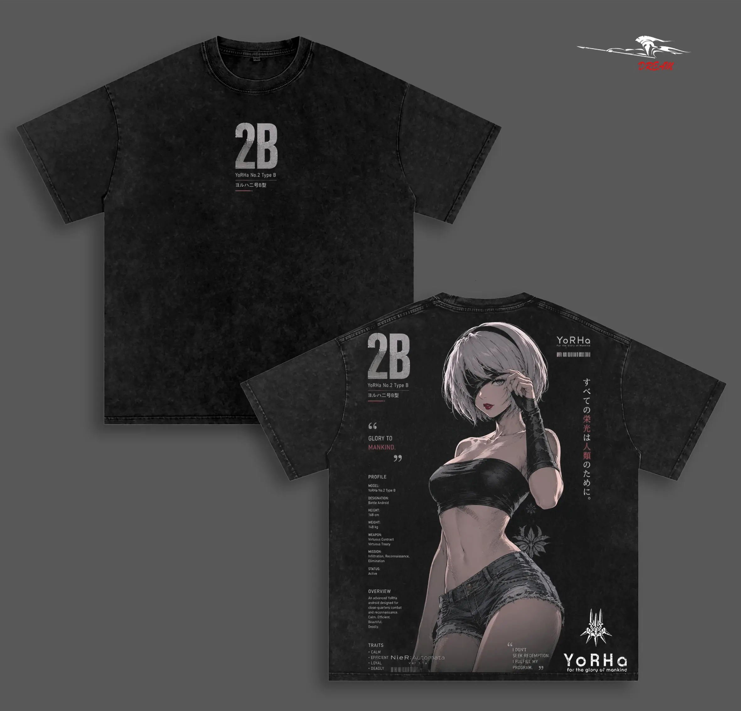 2B Nier Automata Anime Double Printed Vintage Washed Tee Unisex Oversize Heavyweight Cotton T-shirt for Anime Fans and Lovers