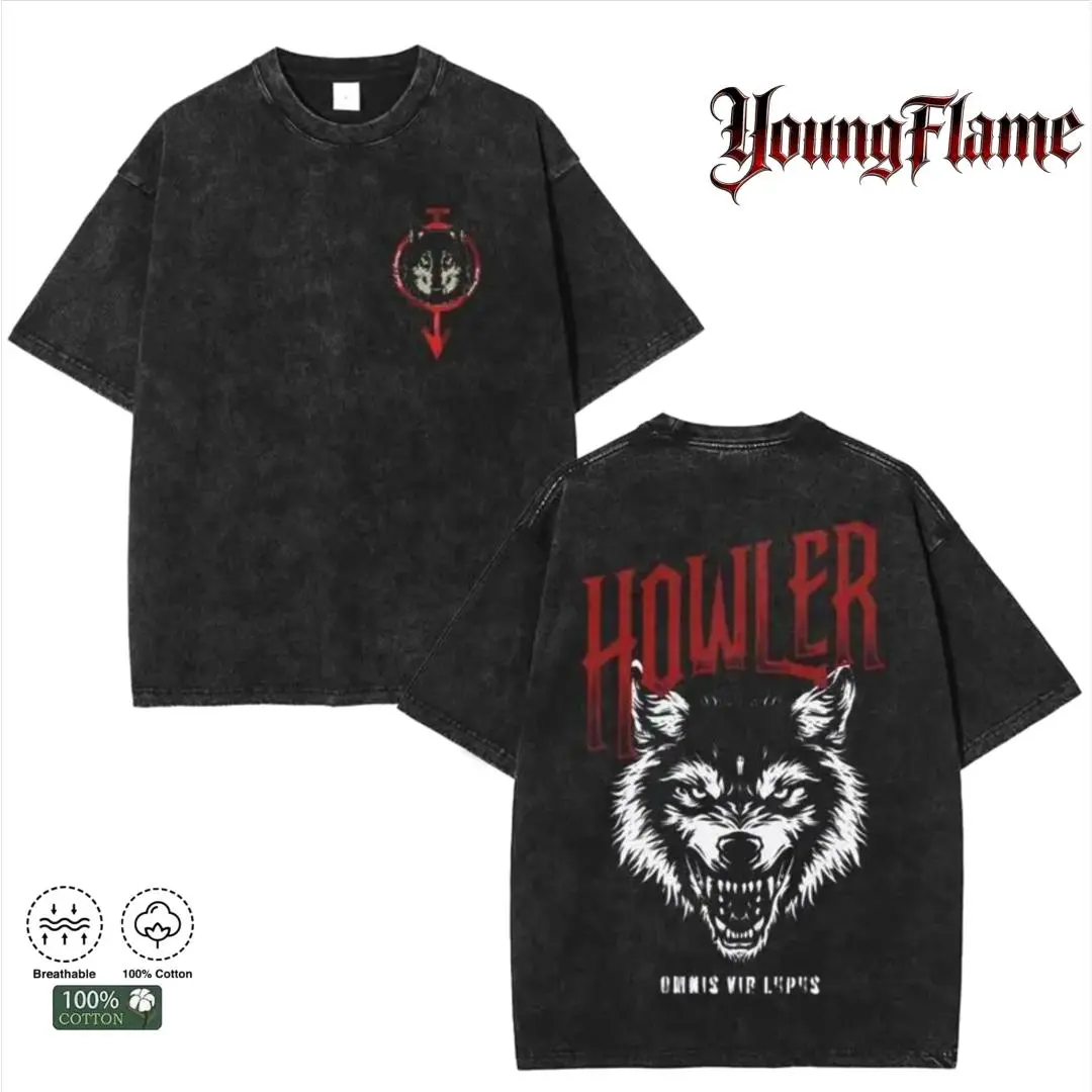 Men's Red Rising Howler Wolf Graphic Baggy Tee - Short-Sleeve Round Neck, Retro Vintage Washed Unisex Streetwear, Casual Summer Outdoor Menswear Gift Crewneck Aesthetic