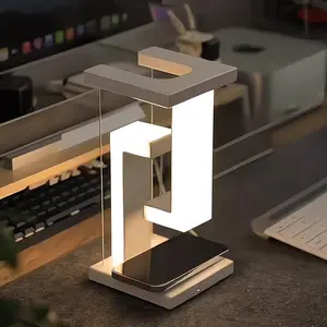 White LED Magnetic Levitation Mood Lamp with Mobile Phone Wireless Charger, Bedside table Lamp with USB Charger Ports, 3 Lighting Effects, Touch Control, Floating Design, Suitable Night Light for Bedroom, Home, Office