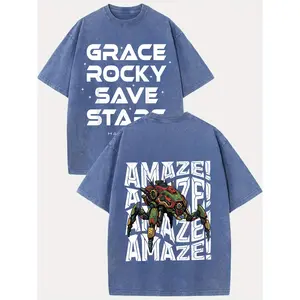 100 Percent Cotton Casual Loose Fit T Shirt Grace Rocky Save Stars And Amaze Robot Graphic Design Summer Wear Fashionable Street Retro Style