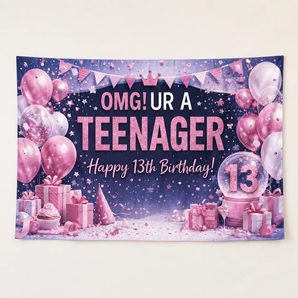 13th Birthday Polyester Photography Backdrop Sheet - 2D Flat Pink Themed Single-Piece Banner, HD Printing, Soft Lightweight Foldable Cloth, for Teenager Party Decor, Indoor Portrait Photos, Photography Equipment
