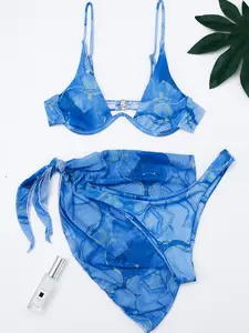 Women's Marble Print Swimsuit Sets, Bathing Suits 2024, Sleeveless Swimsuit, Adjustable Strap Knotted Swim Top & Skirt & Panty for Summer,  Tummy Control Swimwear for All Seasons, Spaghetti Strap Bikini