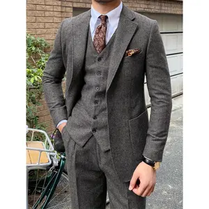 Men's 3-Piece Vintage Tweed Suit with Blended Herringbone Perfect for Weddings & Formal Events Long Sleeve