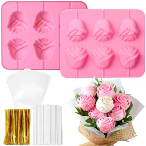 2 Pack 3D Rose Cake Pop Mold - Silicone Flower Chocolate Candy Lollipop Molds with 100pcs gold ties, 100pcs Bags and 100pcs Sticks- Non-Stick Sucker Mold for DIY Gifts, Mother's Day, Birthdays, Baking Supplies