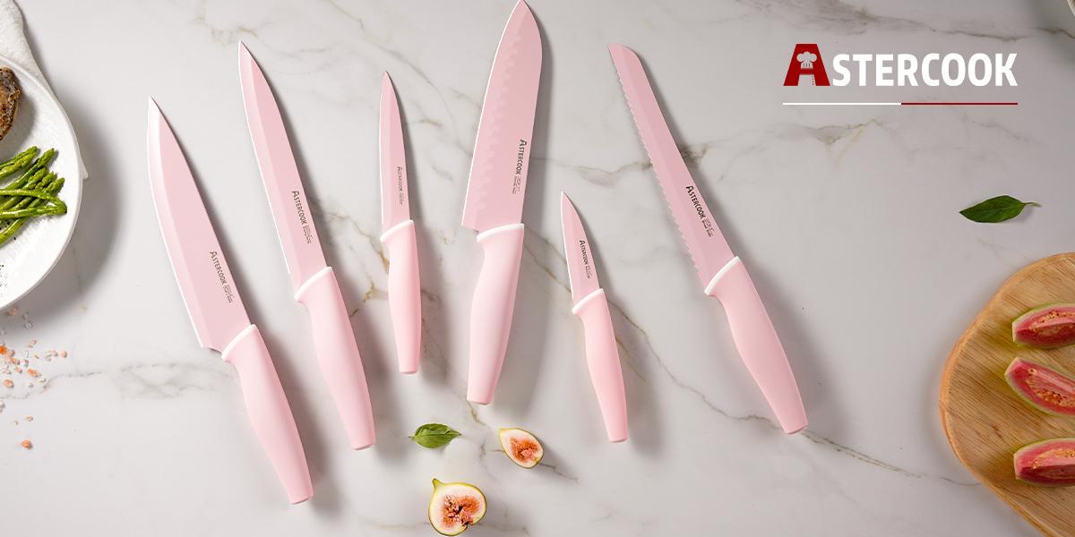 [Pink Iron Throne] Astercook 17-piece kitchen knife set high carbon stainless steel sharp serrated steak knife, chef knife, bread knife and scissors knife pink cutlery cutting Kitchenware Pastel ValentinesDay