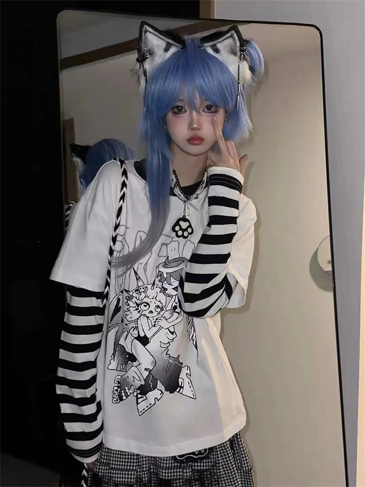 Fashion Stripe Print T-shirts Basic Tee Casual Oversized Patchwork Tops Long Sleeve Fake Two Piece Striped Tshirt Tees Clothing
