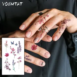 Cute Finger Tattoo Waterproof Temporary Tattoo Sticker Colorful Small Fresh Flowers Butterfly Romantic Lavender Body Art Arm Fake Tattoos Sleeve For Women Men Wrist Neck Temporary Tattoos Stickers