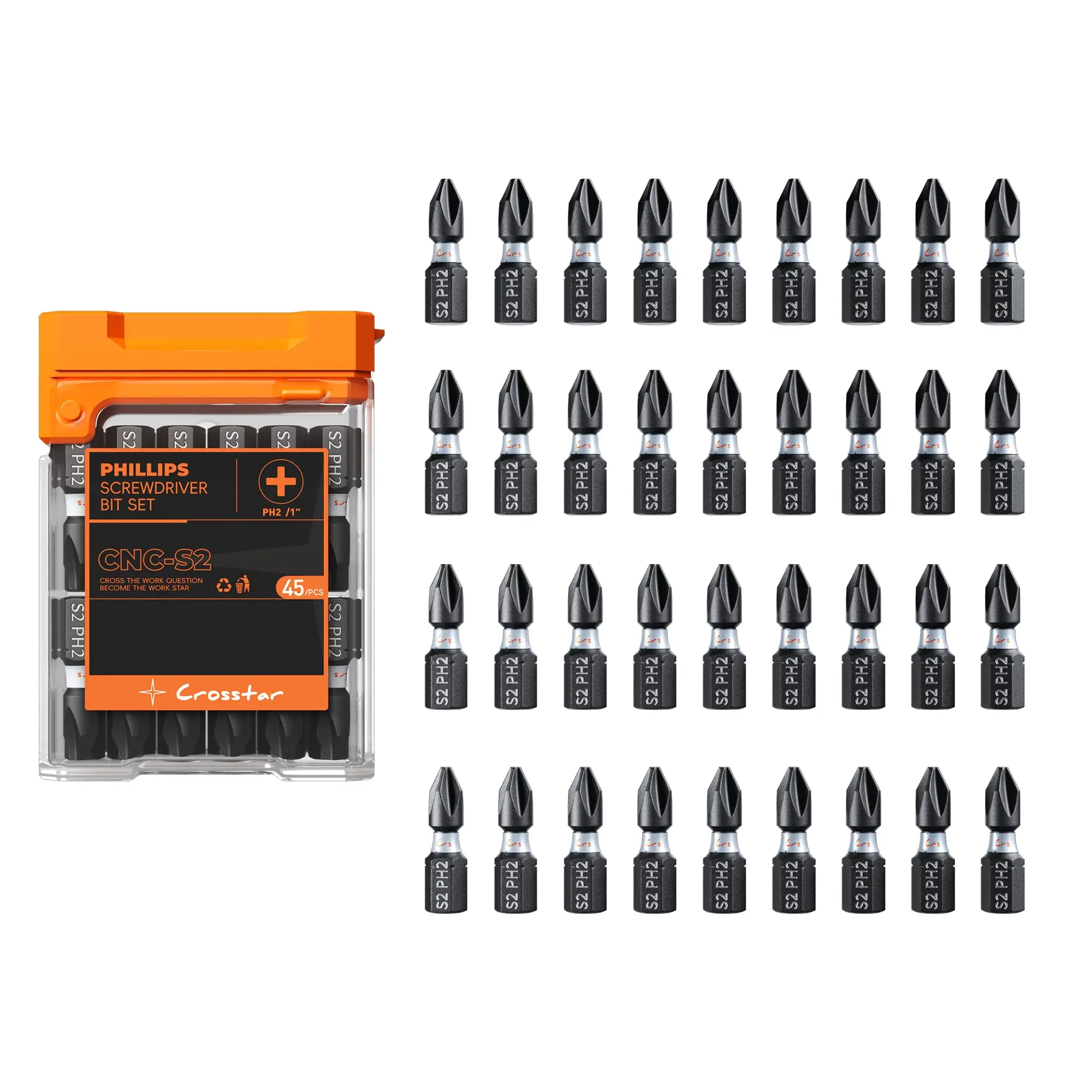 Crosstar 45-Piece 1-Inch #2 Phillips Magnetic Impact Bits - S2 Alloy Steel, Anti-Slip CNC Tips, 1/4-Inch Hex Shank, Impact Ready for Drills & Drivers, Professional Use, S2 Steel