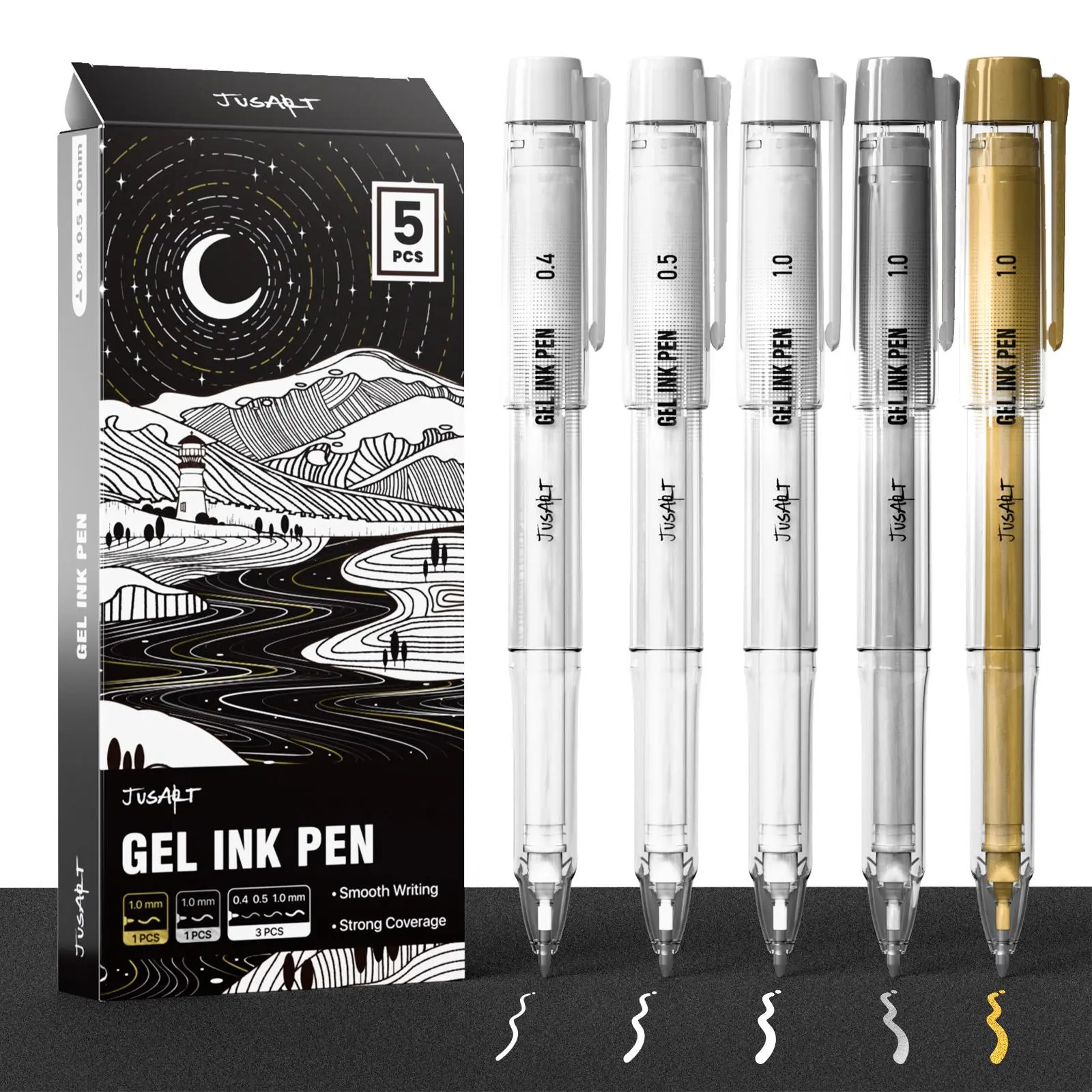 [JusArt] White Pen, Gold Pens & Silver Pen with 0.4mm, 0.5mm & 1.0mm Assorted Tips, Opaque Ink Pens for Black Paper, Journaling & DIY Crafts, Ideal Drawing Pens for Artists & Art Supplies, 5 Pack tiktok shop back to school shopping