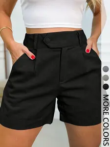 Women's High-Waist Belt-Loop Side-Slit Solid  Shorts, Ideal for Coffee Runs/Weekend Hangouts/Everyday Wear