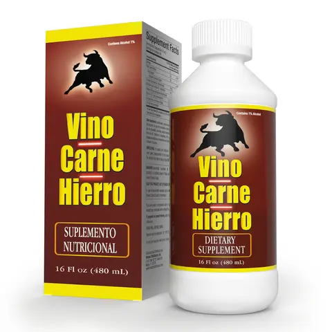 VINO CARNE HIERRO Suplemento Liquido de Hierro con Vitamina B12 para Energia | Liquid Iron Supplement for Adults | 1 Frasco de 16 Fl Oz